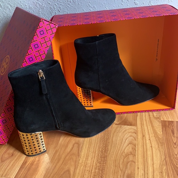 Tory Burch Booties Black Gold Starred Heel - Picture 2 of 13
